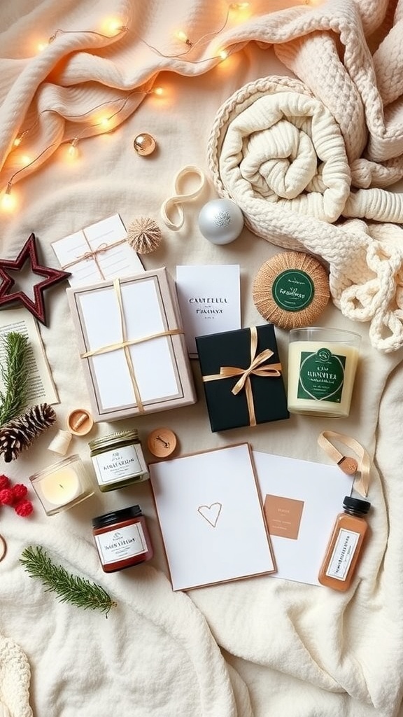 Aesthetic Christmas gifts arranged on a textured fabric with fairy lights.